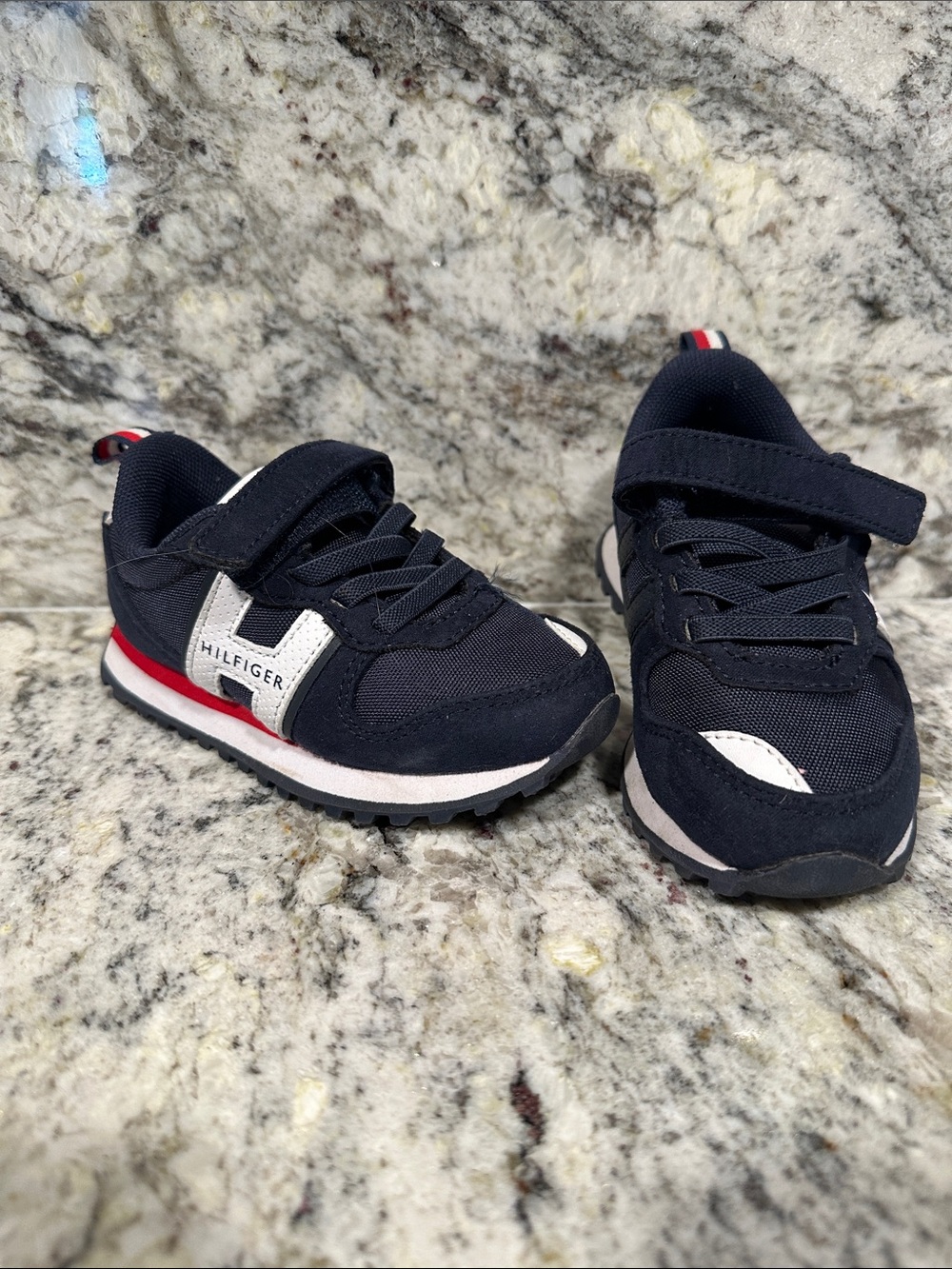 Tommy Hilfiger Navy Blue Kids Velcro & Lace Sneakers with Red & White Accents